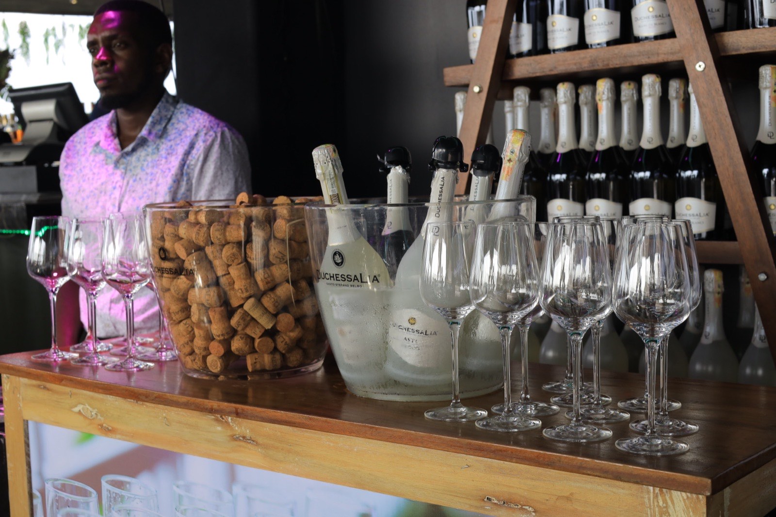 Champagne on ice with a row of glasses at the bar, The Kampala Style Brunch, February 2024